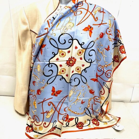 Unused-Scarf  PROJECT 100% silk satin, 34" x34 Art Designs blue ivery yellow (49 - Picture 4 of 9